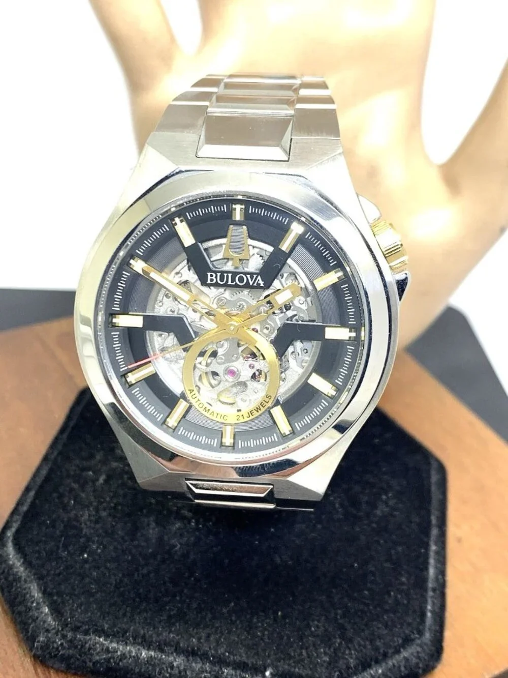 Bulova Maquina Mens Watch 98A224 Automatic Black Skeleton Dial Silver Steel 46mm